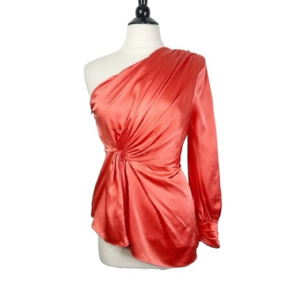 Cinq à Sept Stace One Shoulder Silk Top Neon Coral Twist Blouse Size L NWT $395